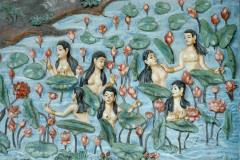 Carved wall with women and waterlilies, Wat Mahathat, Luang Prabang, Laos