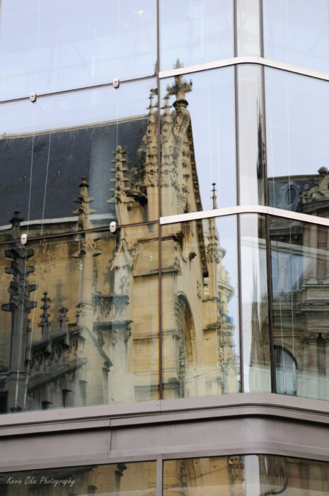 Eglise Saint-Bonaventure reflection in a modern window