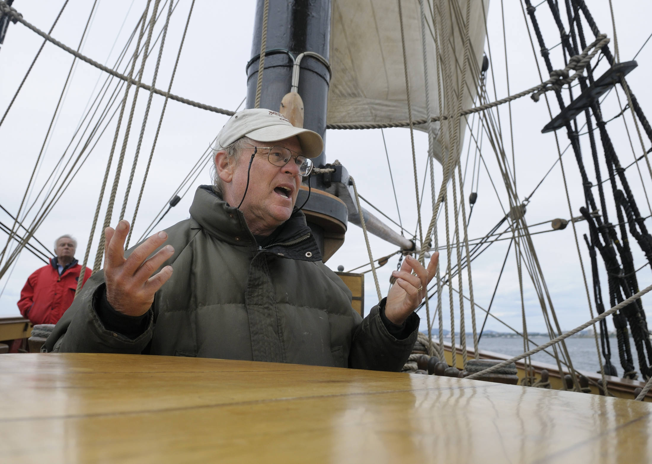 Captain Robin Walbridge on the HMS Bounty briefing his crew, Victoria Harbour, Victoria, British Columbia