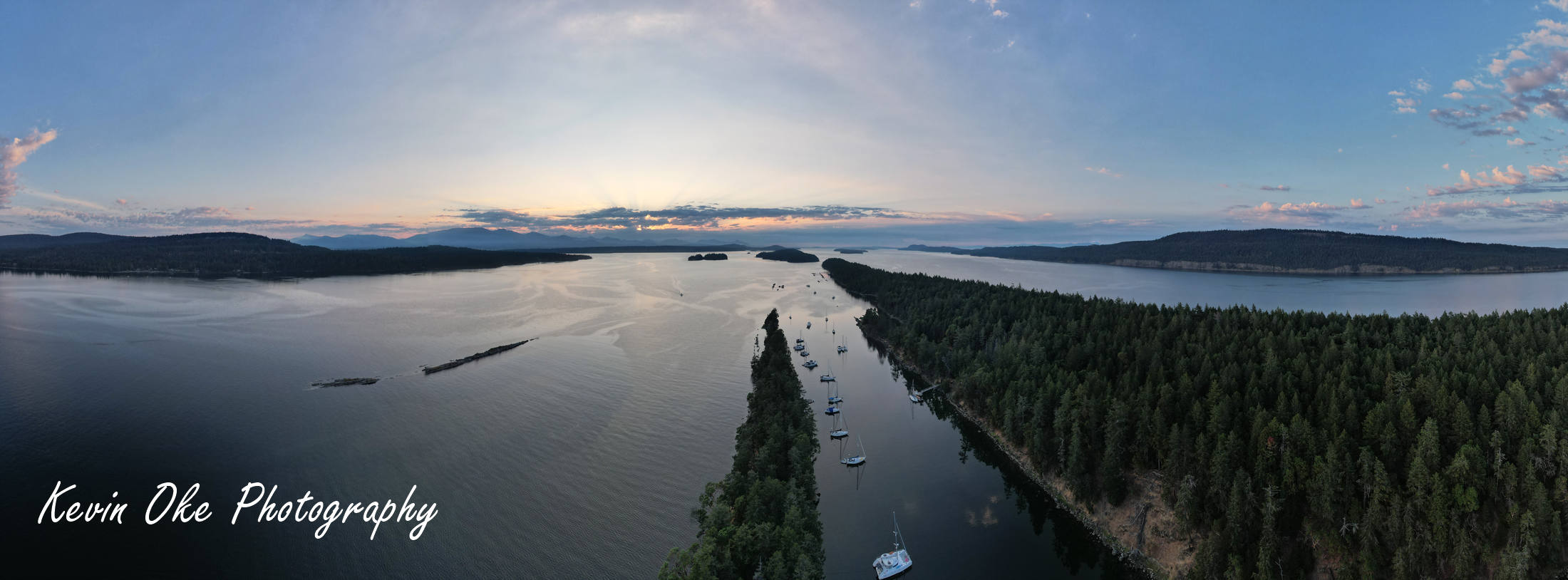 Aerial panorama of the anchorage in Princess Bay, Wallace Island